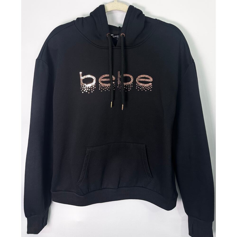 Bebe Sport Y2K Black Hoodie Rose Gold Sequin Logo Thumbhole Women’s Size L - Picture 3 of 11